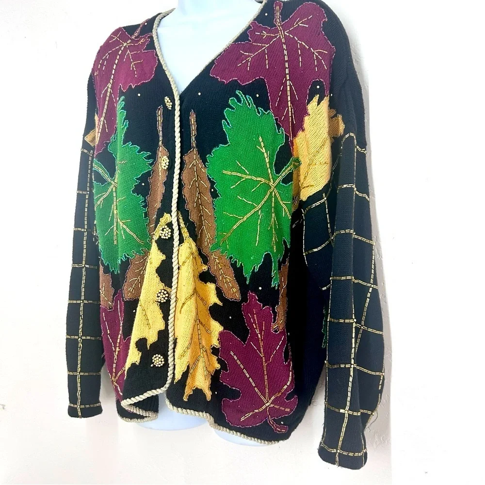 Bellepointe Vtg 90s Handmade Colorful Fall Leaf Cardigan Sweater Sz L Beaded